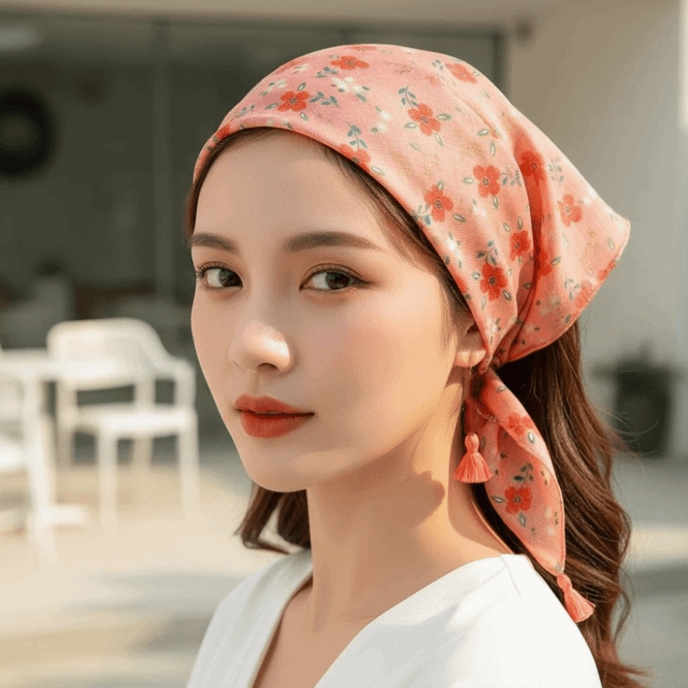 Bandana Cotton - ネックラップ コットンリネン スクエアスカーフ フリンジ付き 通気性のあるヘアバンダナ ボヘミアンチェリープリント