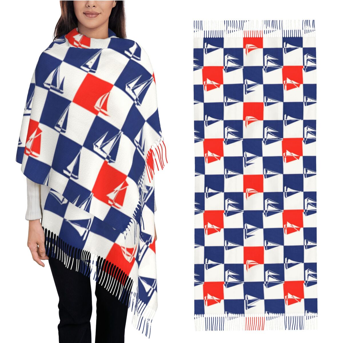 Pashmina Wrap Large - 帆船オーシャンスカーフ秋冬パシュミナショールラップ星空ジンベエザメ大型スカーフタッセル付きイブニングドレス用