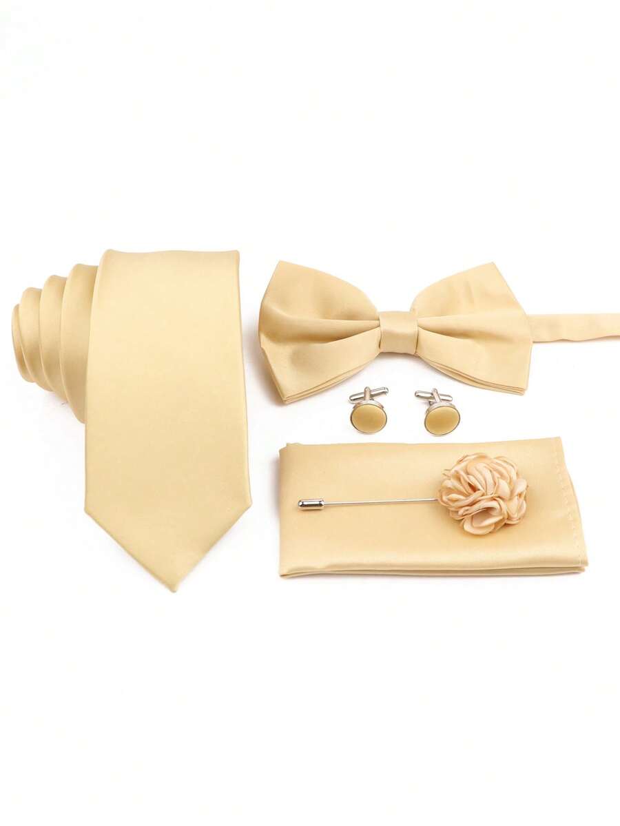 Pocket Square Set - SGIAWETA-5点セット シャンパンカラー グルームズマン ネクタイセット（ネクタイ、蝶ネクタイ、ポケットスクエア、ブートニア、カフリンクスを含む）、ウェディング衣装、INSスタイル-誕生日ギフト