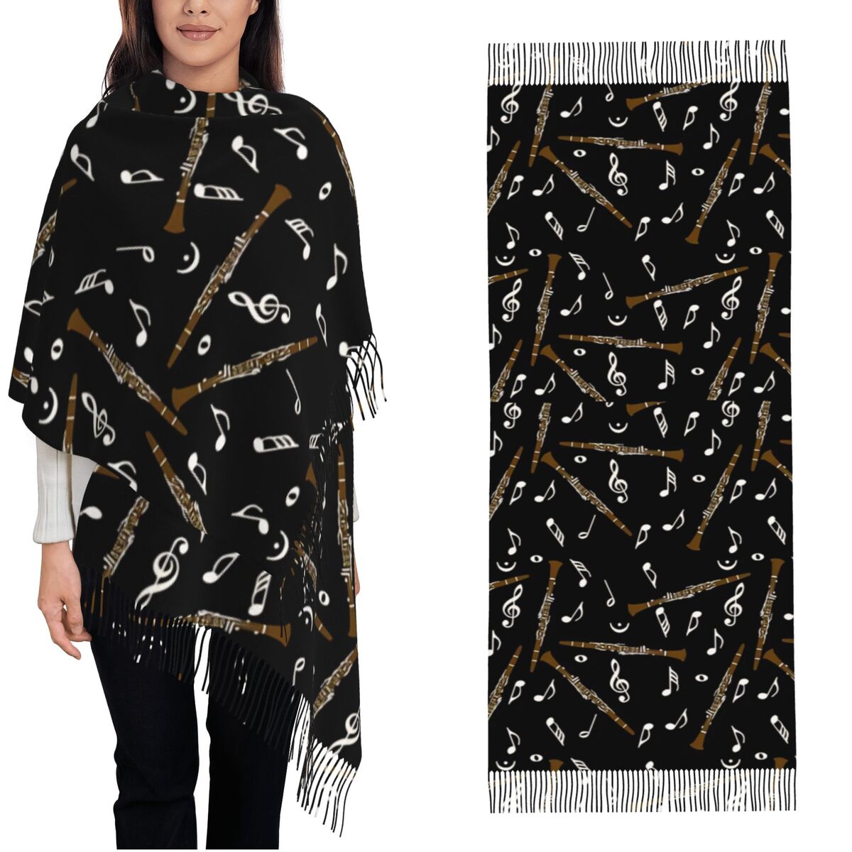 タッセル付きレディーススカーフ クラリネット音符柄 大きな冬 - Pashmina Wrap Large のレビューと価格