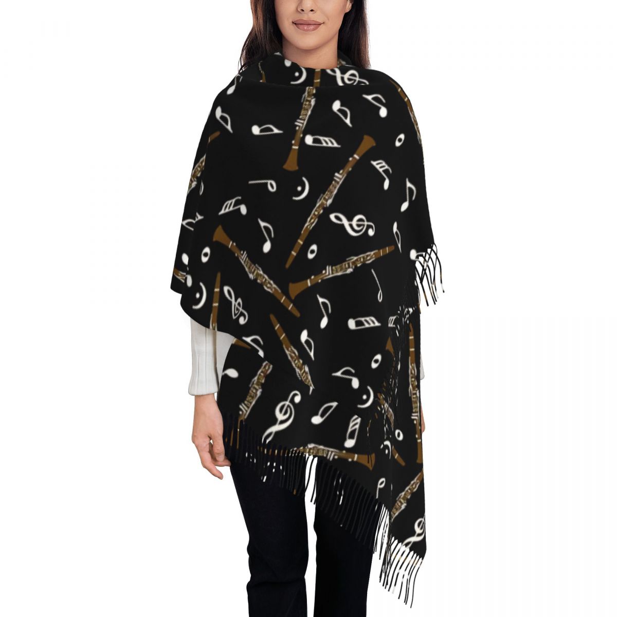 タッセル付きレディーススカーフ クラリネット音符柄 大きな冬 - Pashmina Wrap Large のレビューと価格
